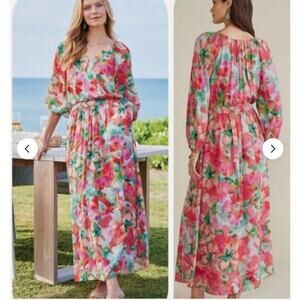 Soft Surroundings Womens Maxi Dress Sz Medium Chiffon Watercolor Floral Feminine